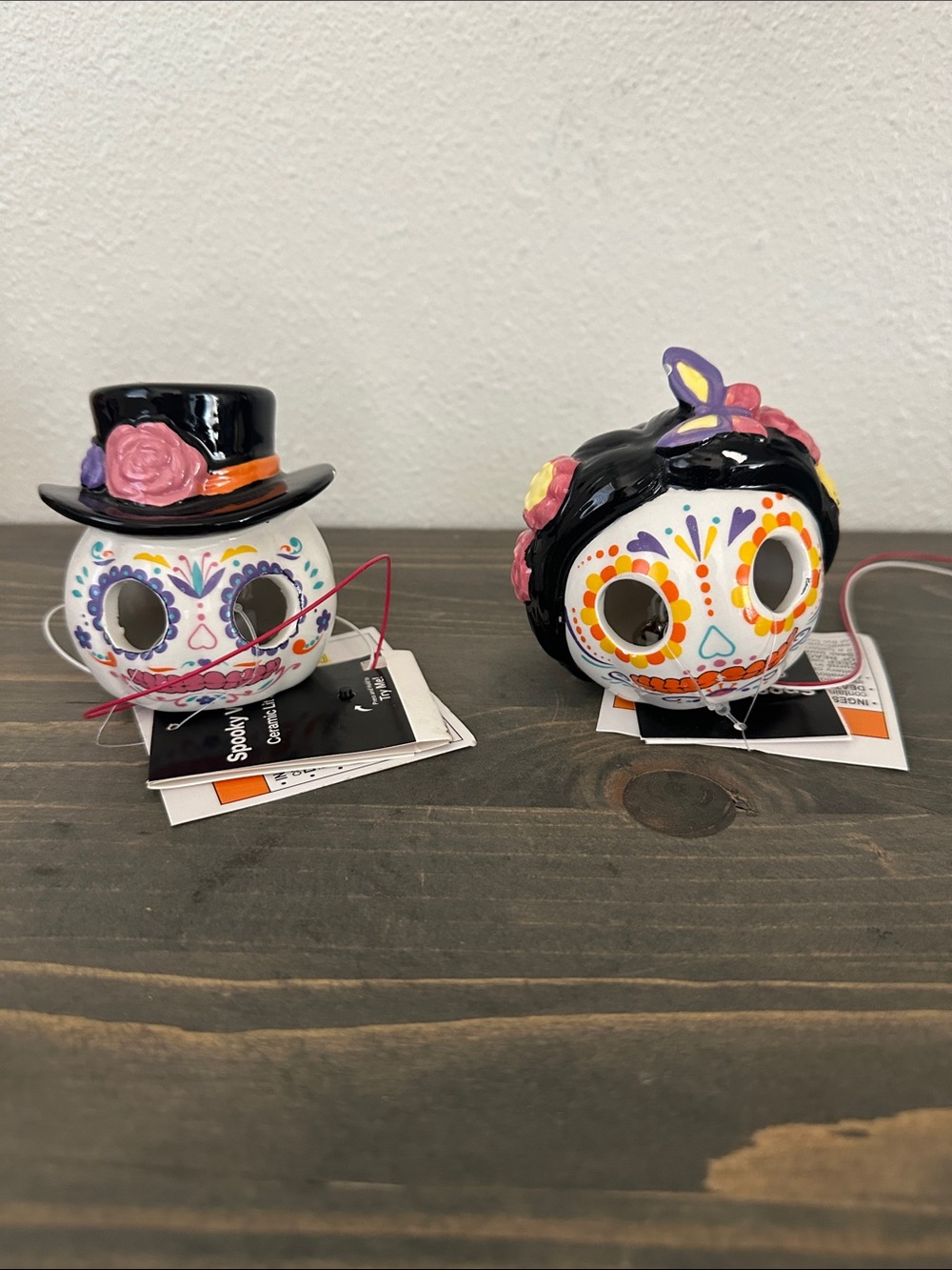 Hand-Painted White Ceramic Sugar Skull Home Accent - Set of 2